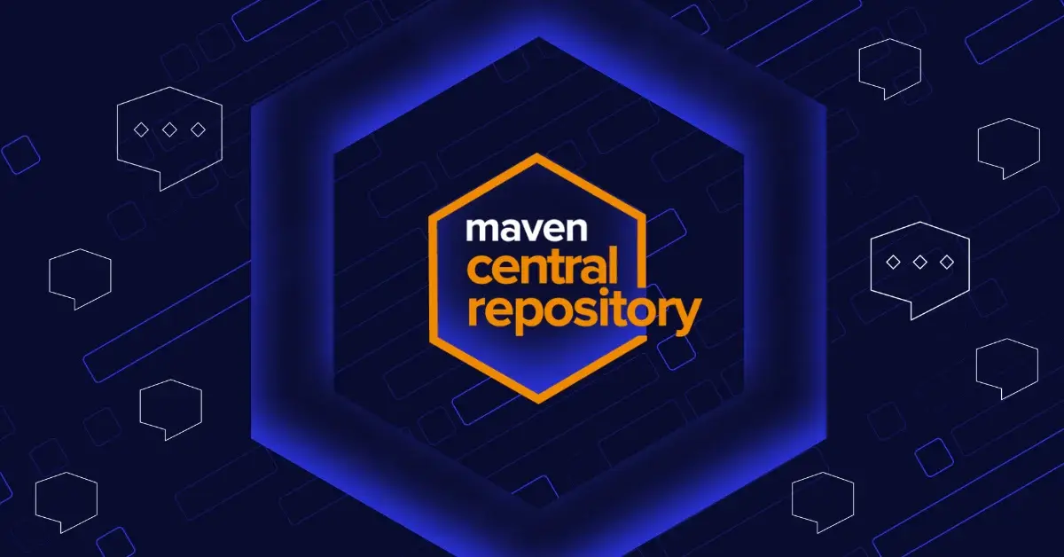 Image with hexagon shape within a hexagon outline at center containing the text "Maven Central Repository" surrounded by comment icons