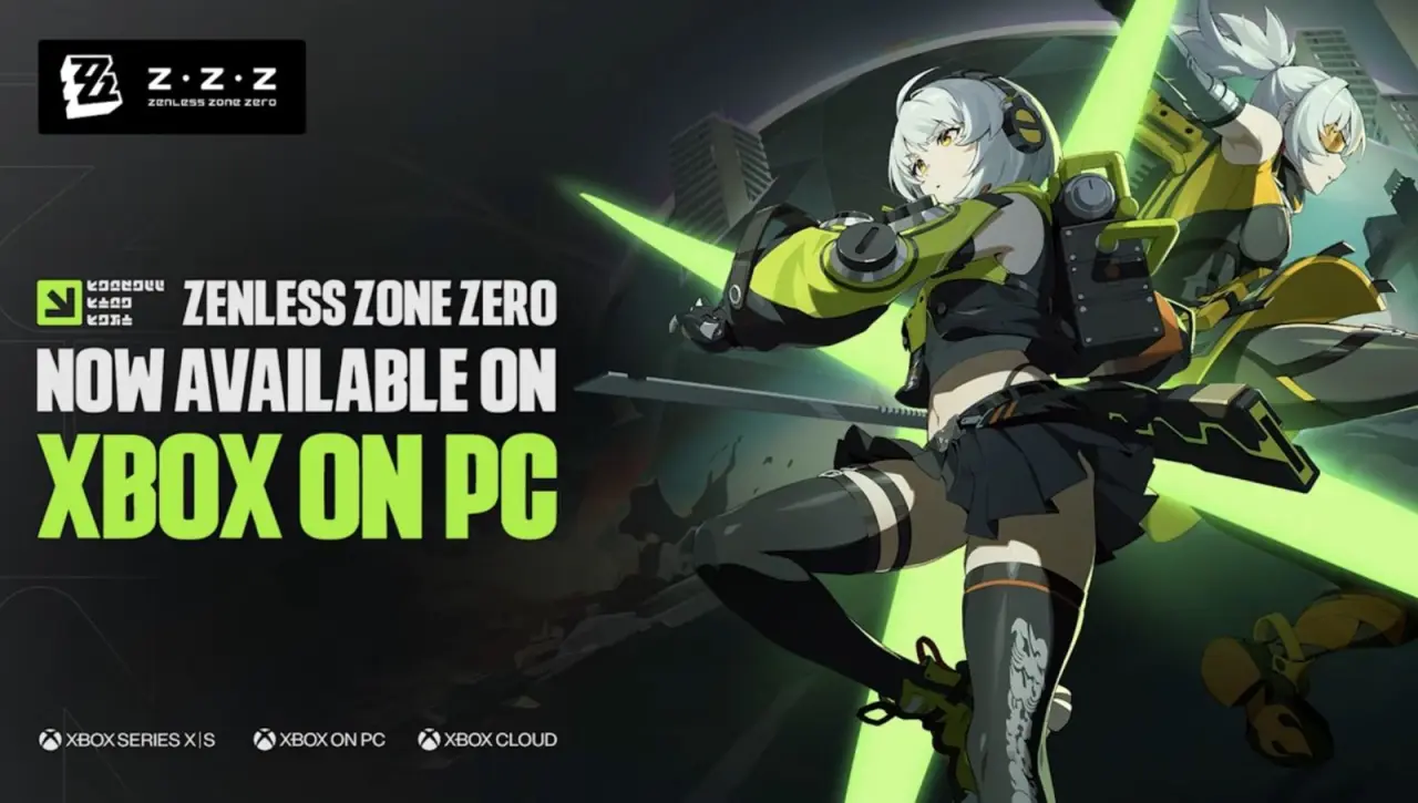 Anime character in a futuristic outfit with green accents, showcasing a dynamic pose with glowing weapons, promoting Zenless Zone Zero on Xbox.