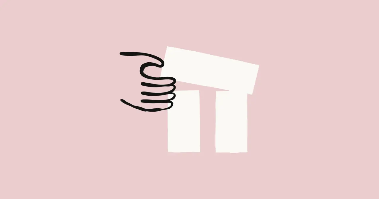 Stylized hand constructing architectural structure with geometric building elements and foundational components