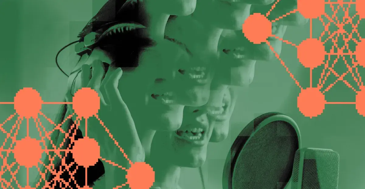 A fractured image of a person speaking into a microphone.