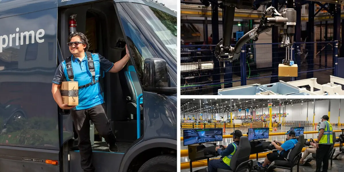 Amazon Prime delivery driver exiting van with package, robotic arm in warehouse sorting facility, and VR training for Amazon delivery drivers.