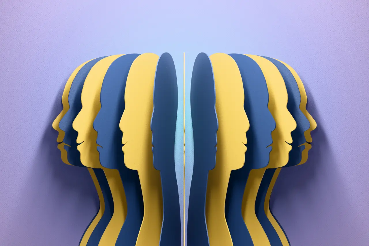 3D illustration of mirrored human profiles in blue and yellow layers