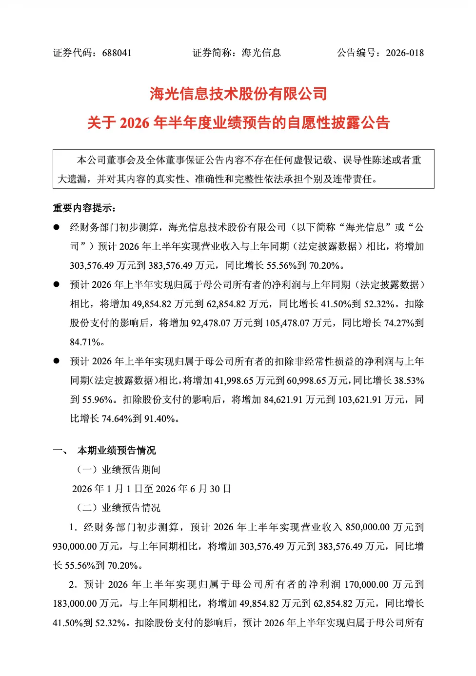 تصویر مرتبط با خبر: 海光信息 2026 年半年度归母净利润 17 亿元～ 18.3 亿元，同比增长 41.50%~52.32% - IT之家