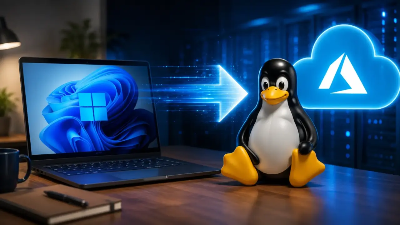 Un portátil con el logo de Windows y Tux, la mascota de Linux