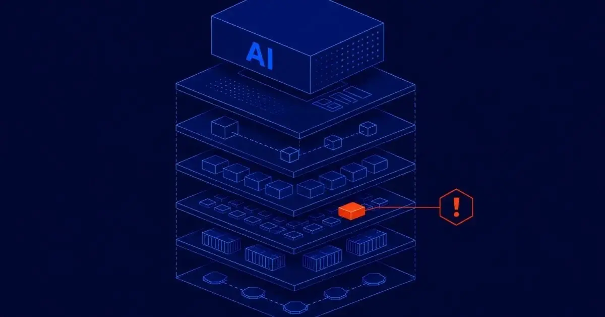 Visual representation of a software stack with square and rectangular shapes layered on top of each other with an AI labelled box on top and an icon of a red notification in the middle of the stack