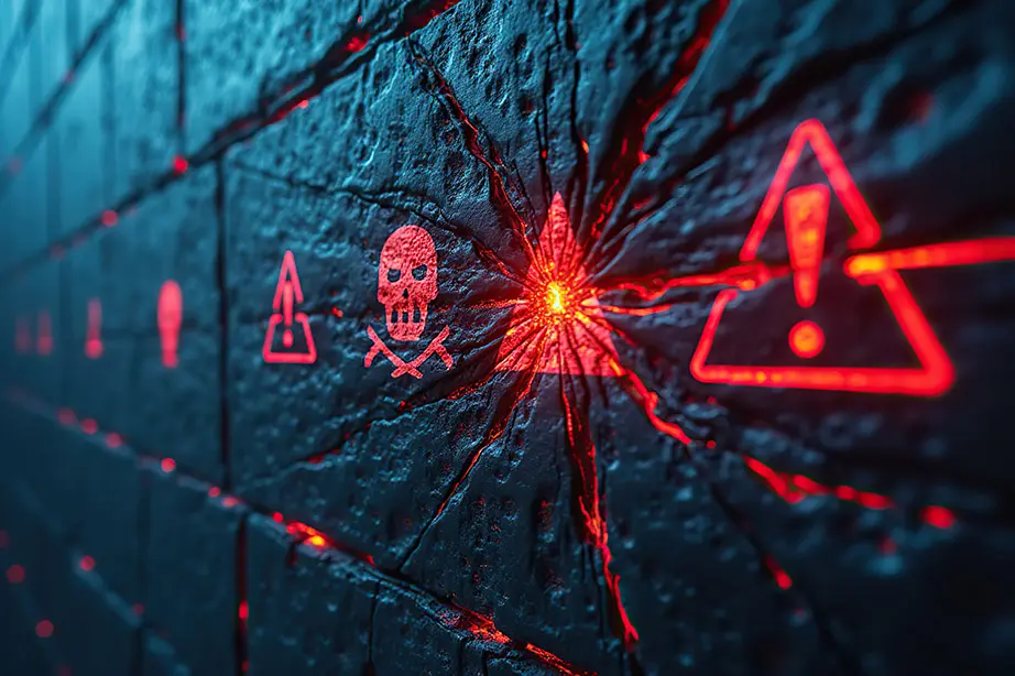 A firewall with visible cracks, under assault by malware, symbolized by warning signs and skulls, representing a critical security breach.