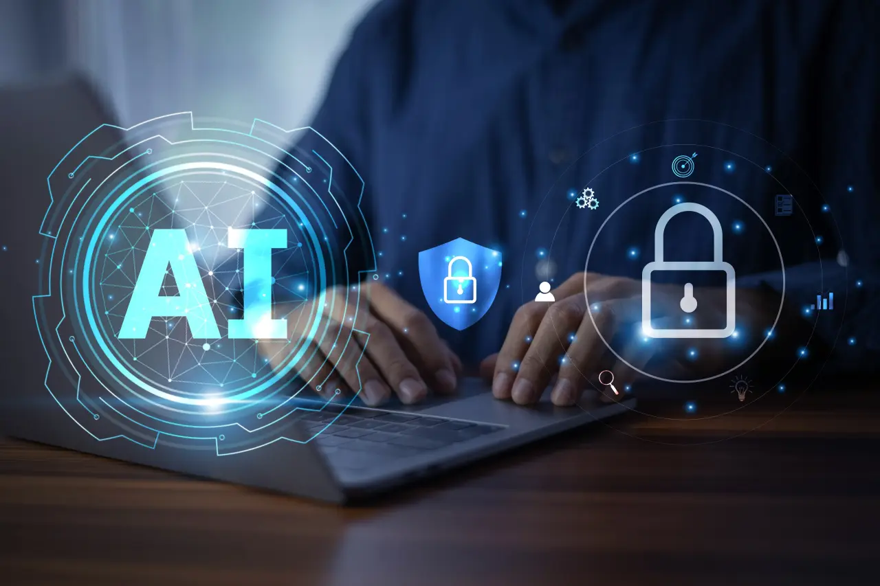 A hand typing on a laptop that has AI and a lock hologram in front of it