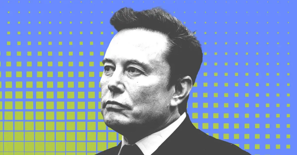 Elon Musk in front of a background of geometric shapes.
