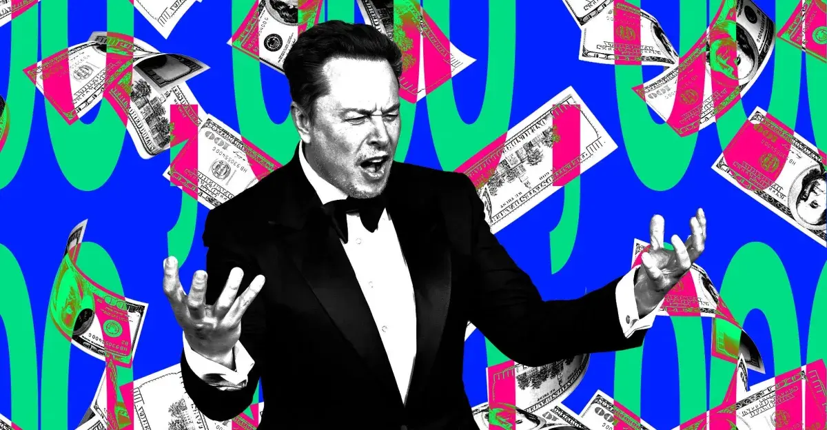 Elon Musk with zeros and money falling from the sky.