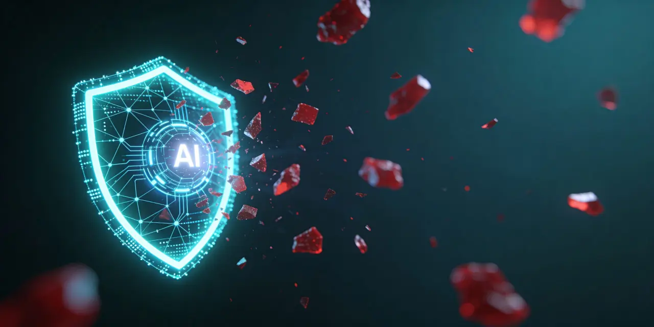 Glowing AI cybersecurity shield with red threat particles, dark teal digital network background, wide banner copyspace for secure technology defense