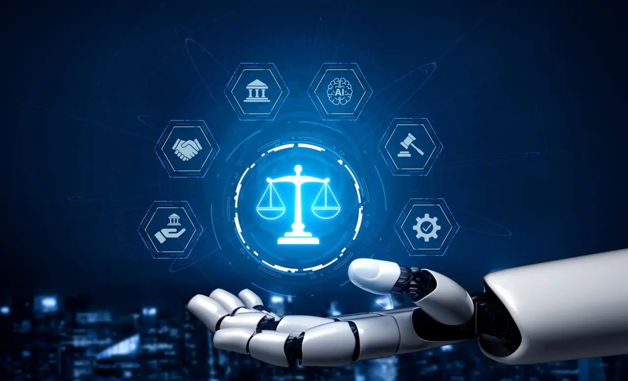 Ilustração representa a governança da inteligência artificial com símbolos de regulação e supervisão.