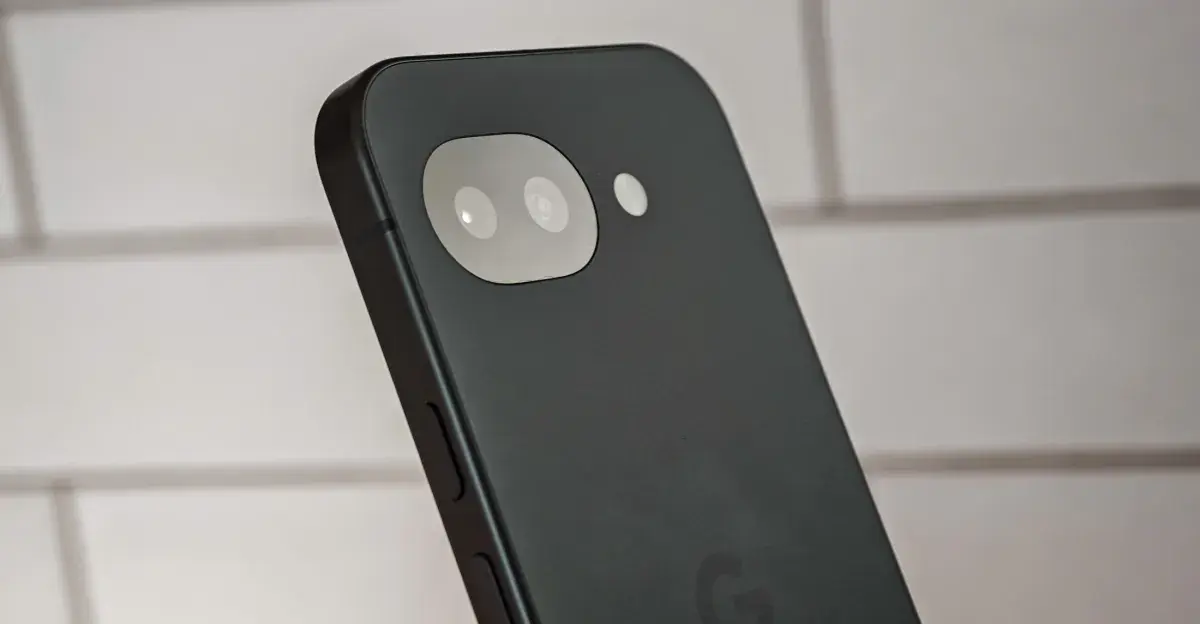 Photo of Google Pixel 10A in front of white tiles, showing the camera from an angle
