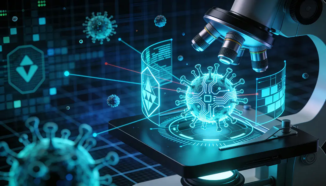 Futuristic Virus Cell Digital Microscope Malware Anatomy Cybersecurity Cyber Pathogen Detection Neutralization Antivirus Defense Technology Dark Blue