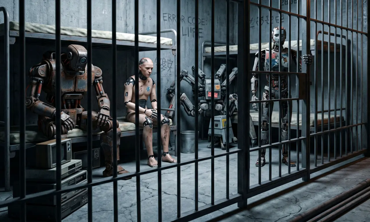 Various robots and androids behind bars in a prison cell.