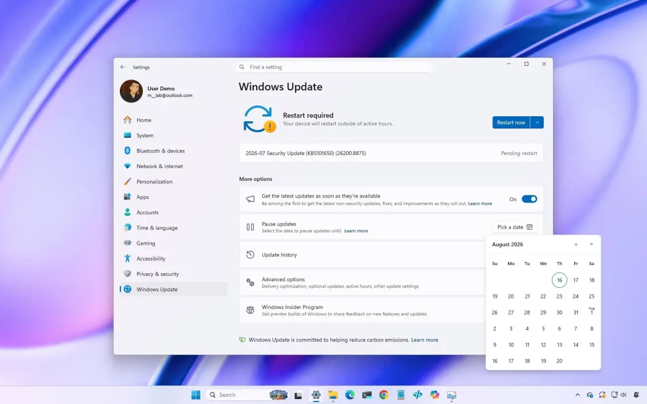 Windows 11 desktop showing the Windows Update settings installing the July 2026 Security Update.
