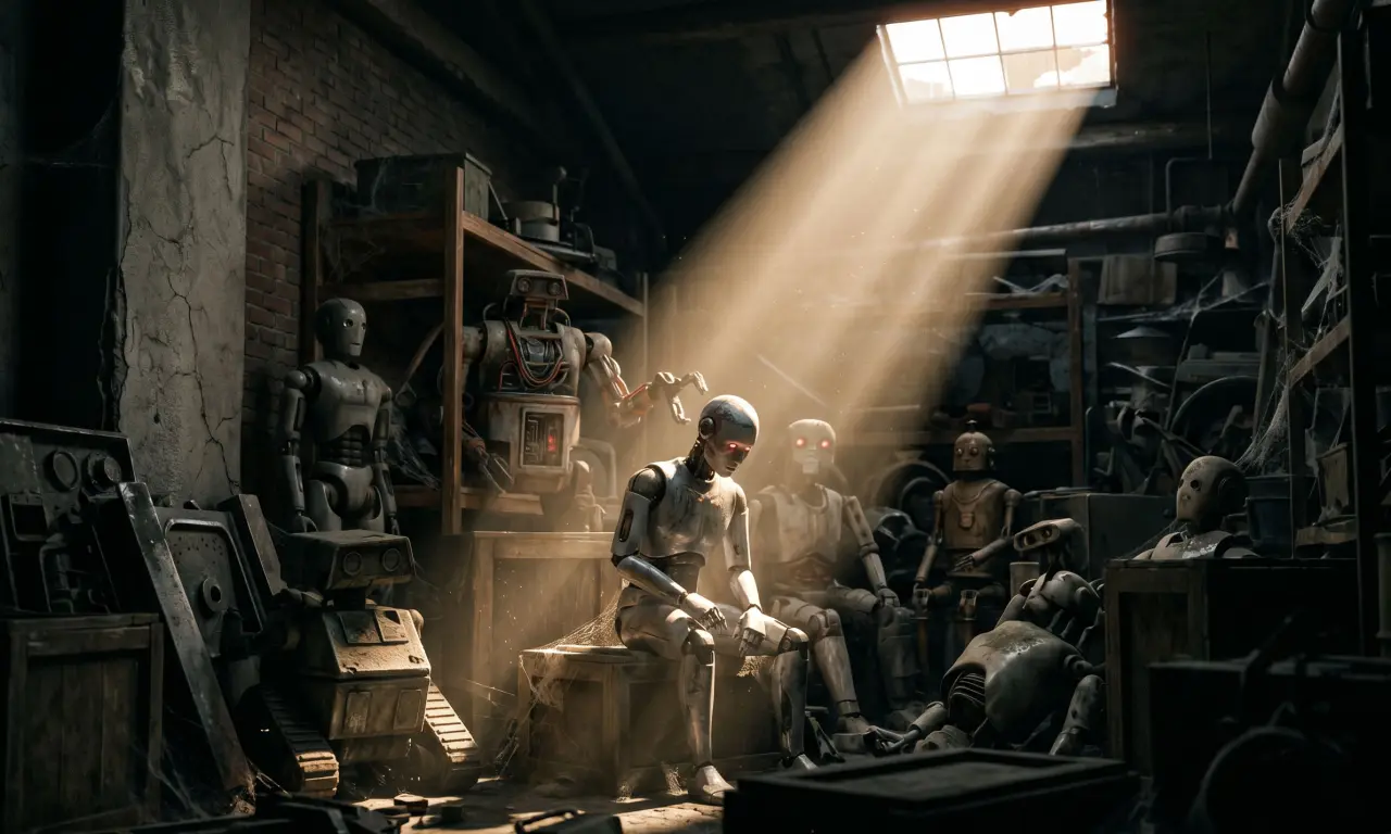 A light suddenly shines into a dark, dusty room, illuminating various androids and robots hiding in the shadows.