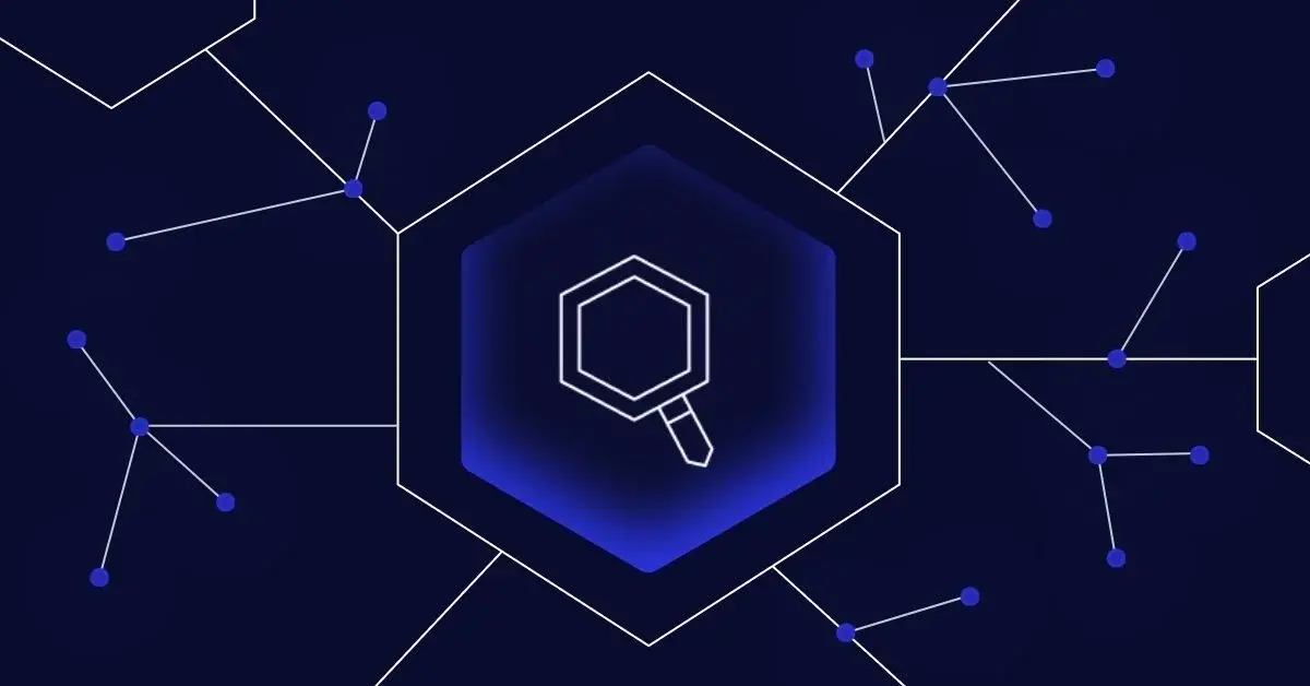 Image with a hexagon shape at center containing an icon of a magnifying glass.