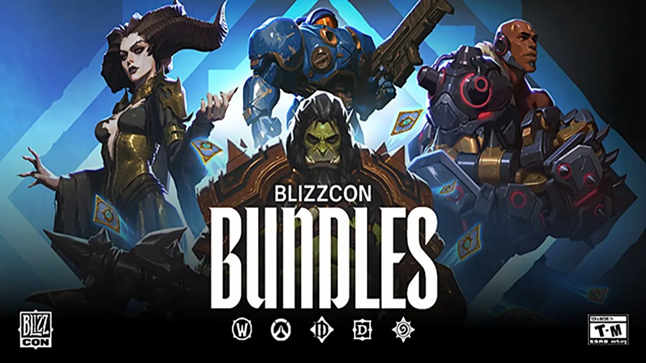 Digital art featuring a demon witch, a space marine, a cyborg, and an orc warrior with the text BlizzCon Bundles and game icons on a blue geometric background.