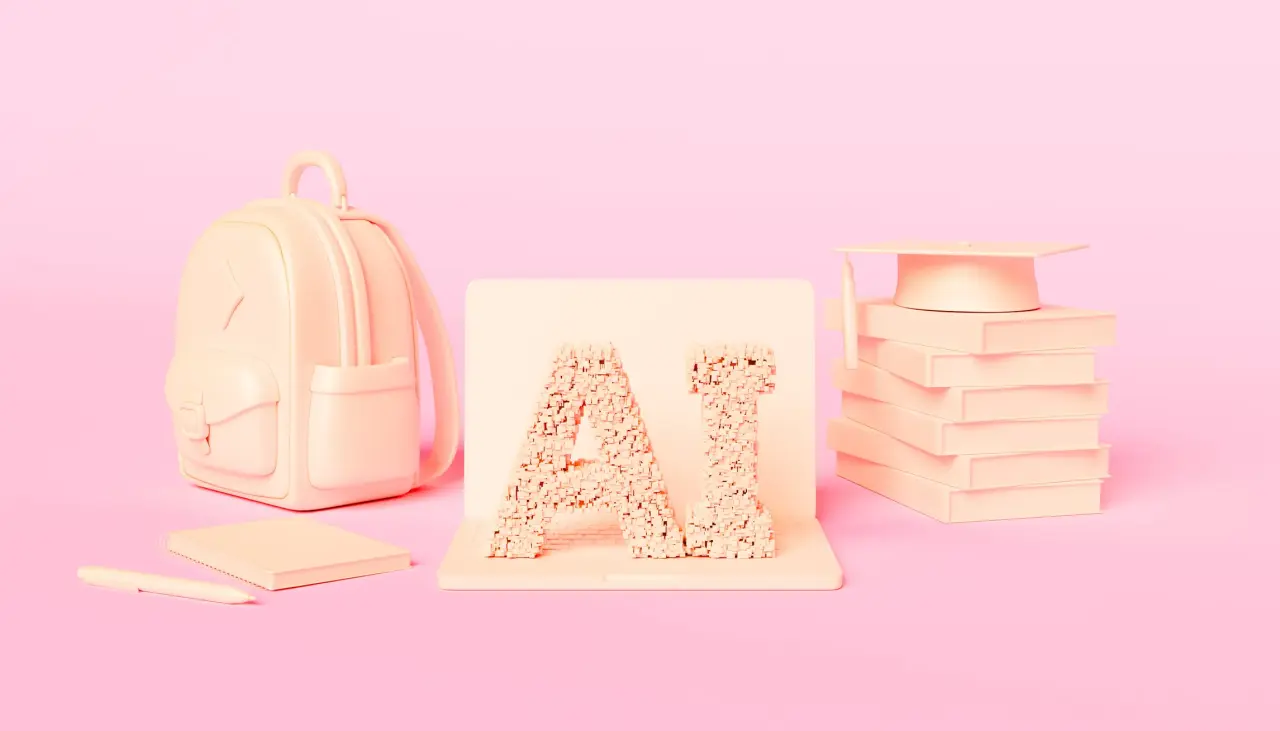 An image showing a backpack, textbooks and graduation cap around an AI sign