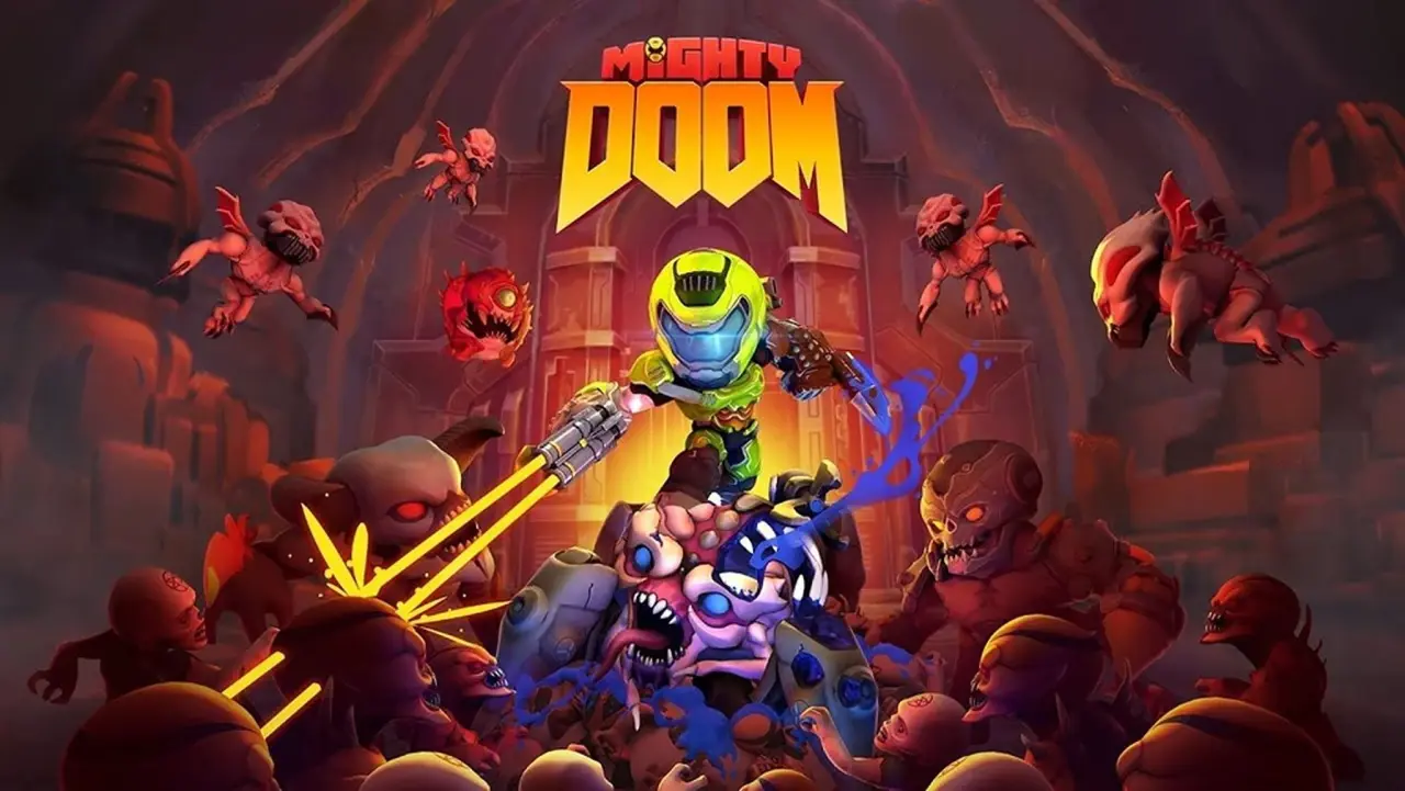 A stylized cartoon character in green armor fights a horde of red demons in a dark, cavernous environment under the Mighty Doom game logo title.
