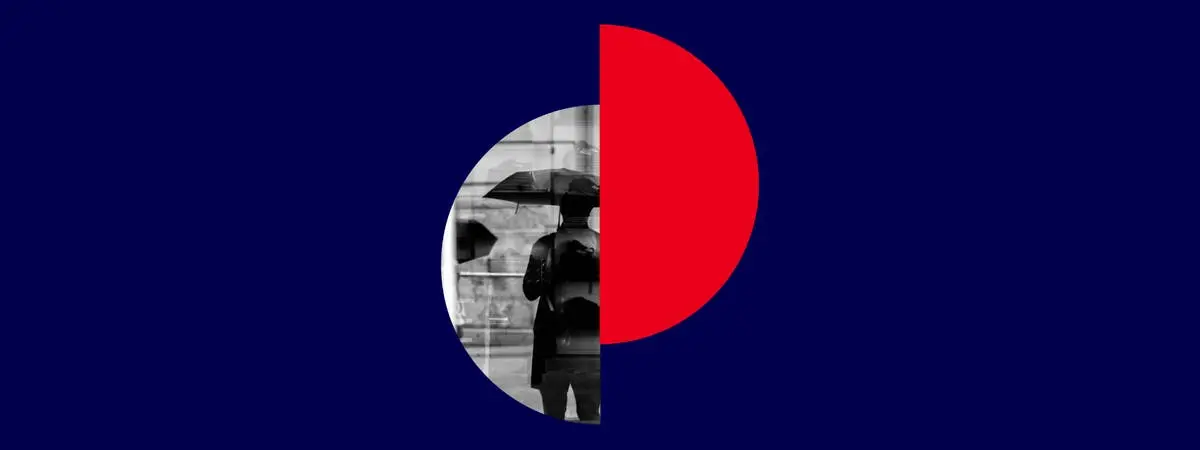 Abstract header image of a person holding an umbrella beside a red flourish