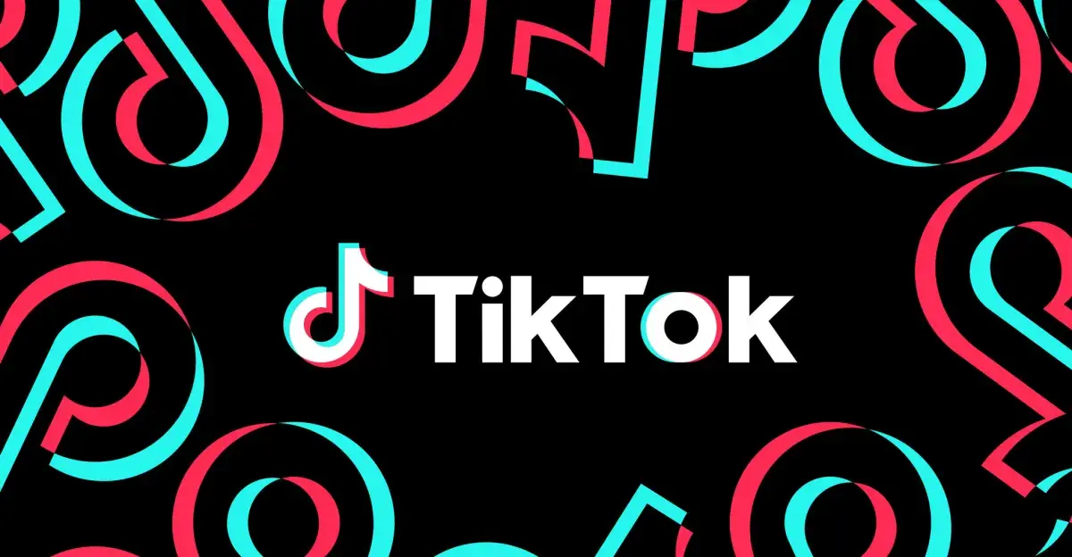 The TikTok logo on a black background with pink and blue repeating logos around the edges.