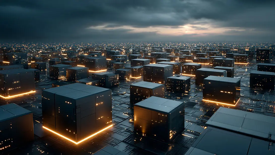 A modern city skyline featuring advanced robotic delivery systems with a sprawling arrangement of glowing cubes during twilight