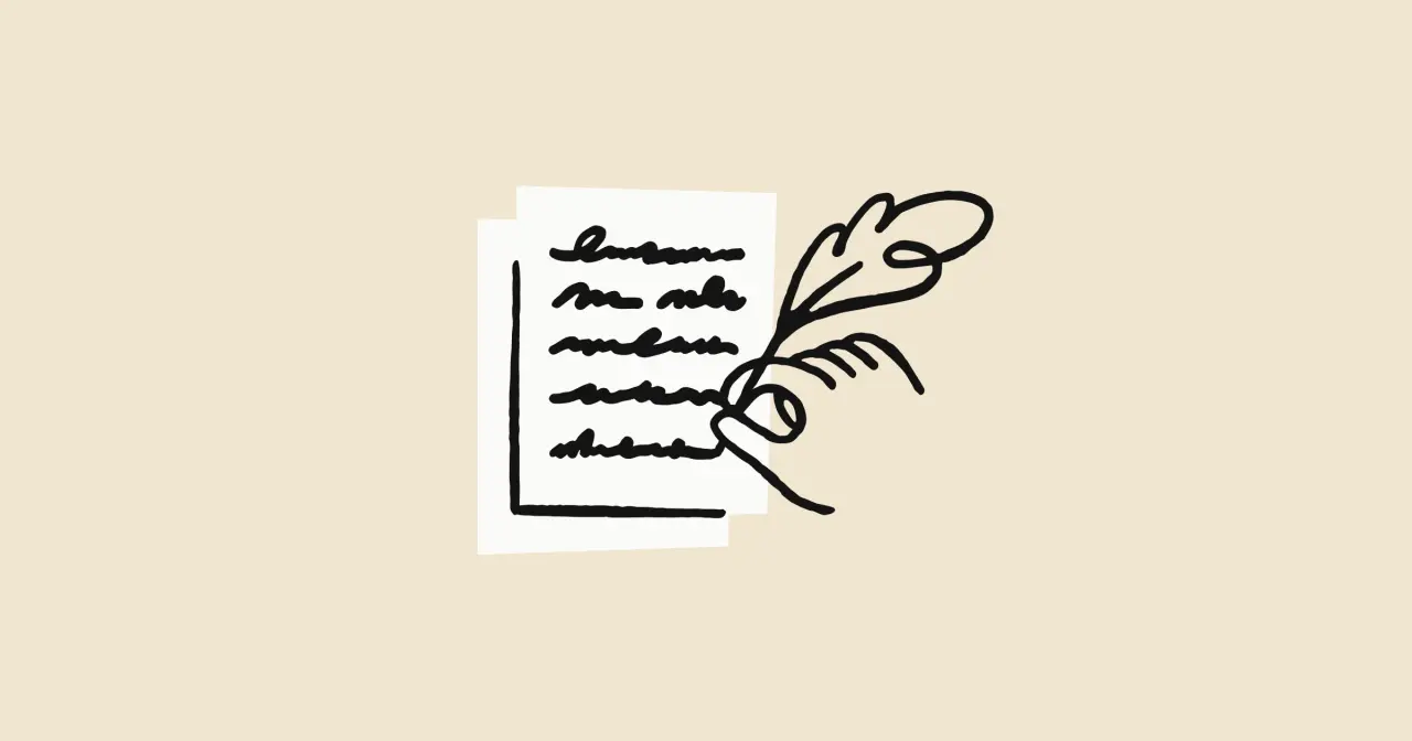 A hand writing on a policy document with a feathered quill.