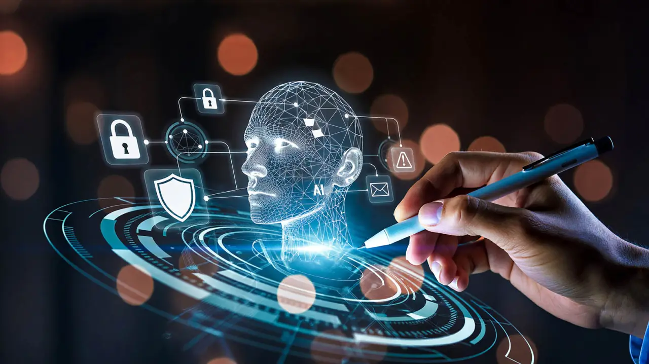 AI automation daily life concept with a hand interacting with a digital cyber security interface