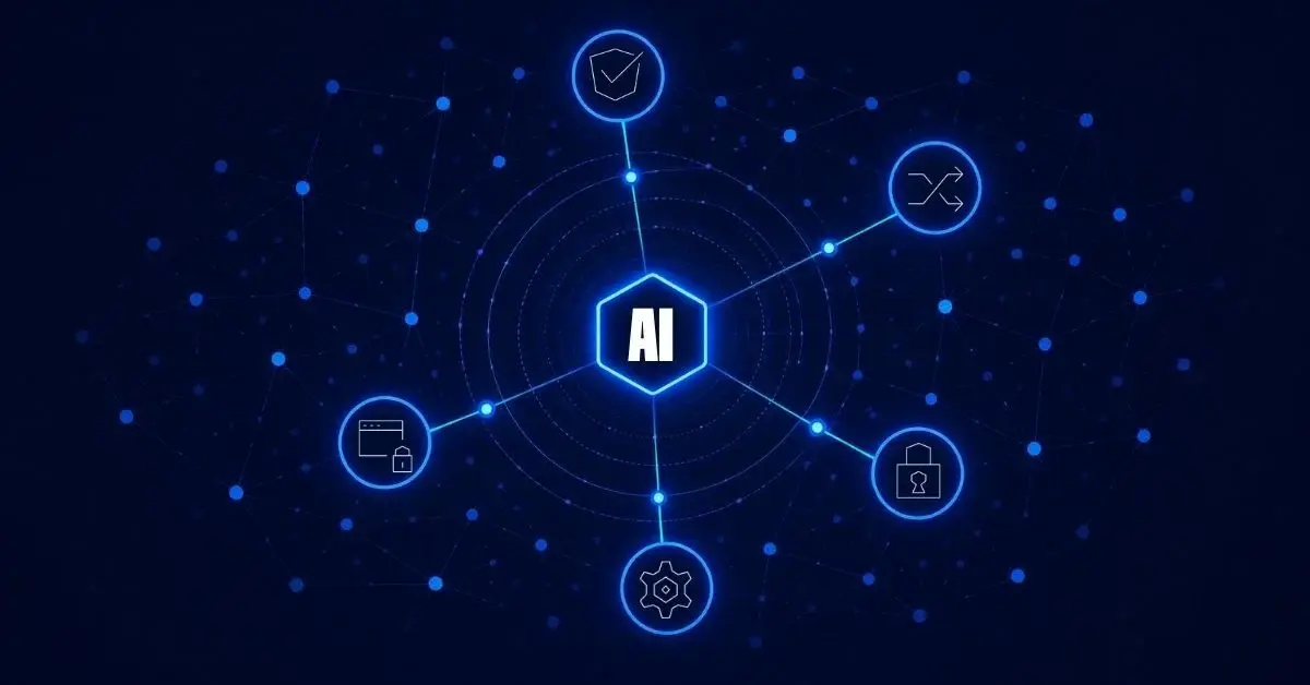 Image with a hexagon shape at center containing the text "AI" with multiple offshoots connecting to circles containing software icons like a supply chain