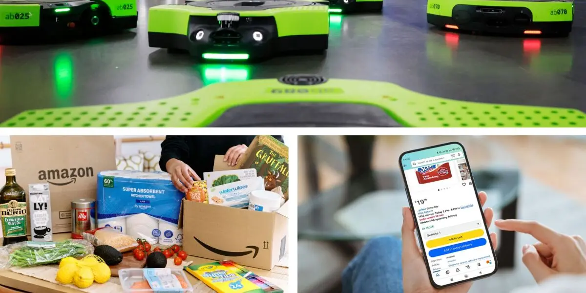 A collage featuring: Amazon Proteus robot in warehouse, an Amazon order of groceries and household items, and smartphone showing Amazon shopping app