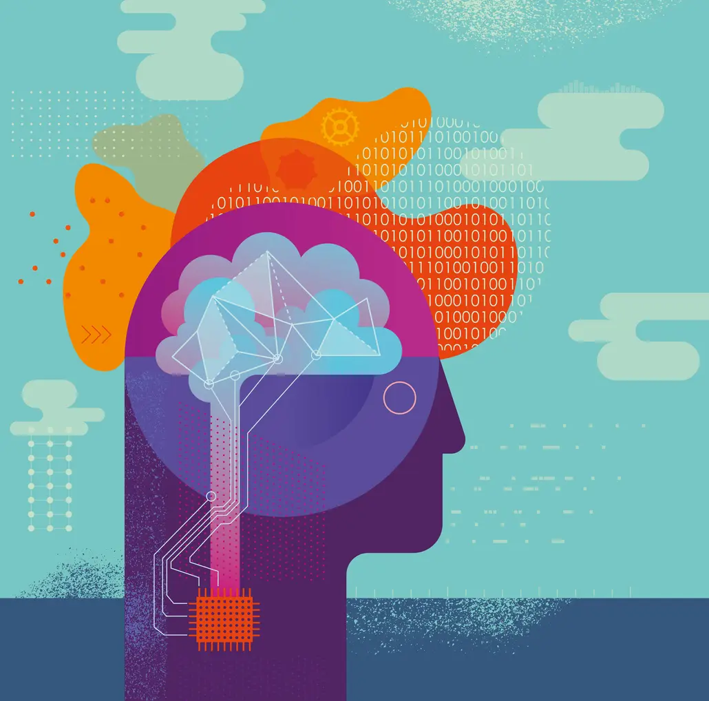 mental health ai illustration head with binary code