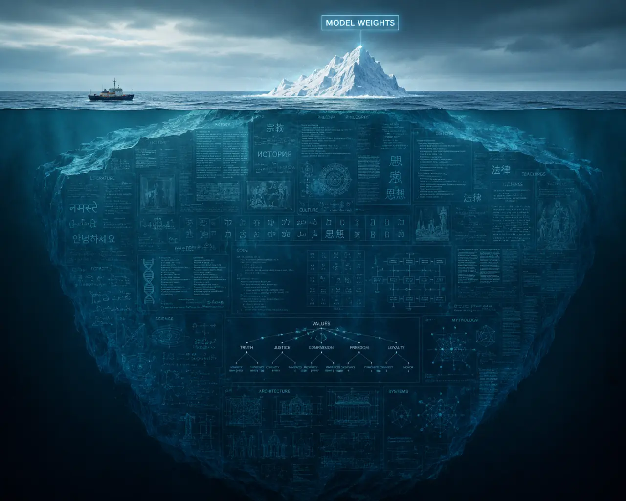 iceberg showing model weights at the tip and a lot of unknown and deep technology under the surface of the water