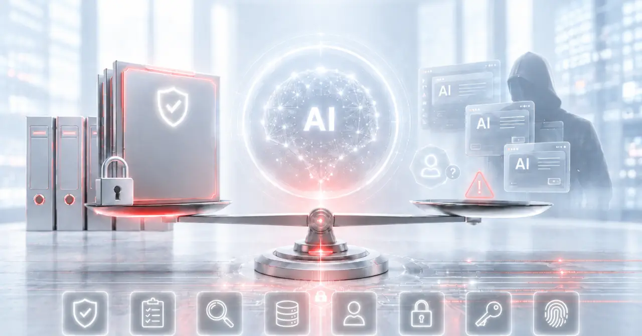 A digital scale contrasts protected data and IT security with an anonymous attacker using several AI applications; at the centre, a connected brain glows with the label “AI.” Symbols for protection, auditing, search, data, identity, access and biometric recognition illustrate the tension between AI use, data protection and compliance.