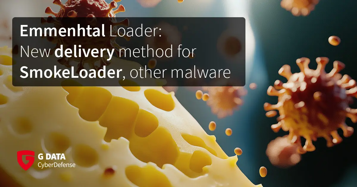 Digital graphic with floating virus-like particles and a block of Swiss cheese symbolizing security gaps, overlaid with the text: "Emmenthal Loader: New delivery method for SmokeLoader, other malware". The logo of G DATA CyberDefense appears in the bottom left corner.